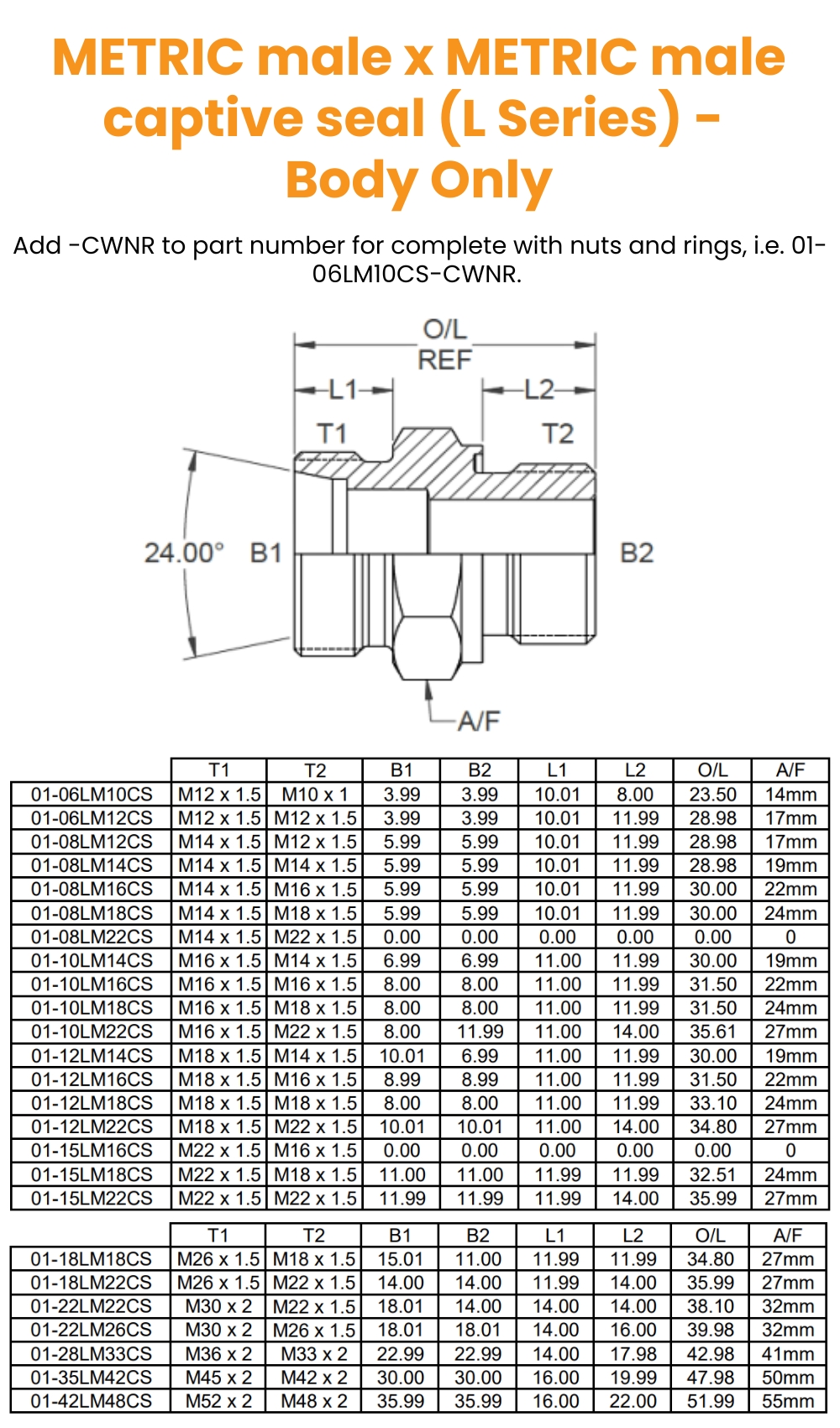 M12 (6L) x M10X1 Captive Seal 3869 M/M - Body Only Hydraulic Adaptor